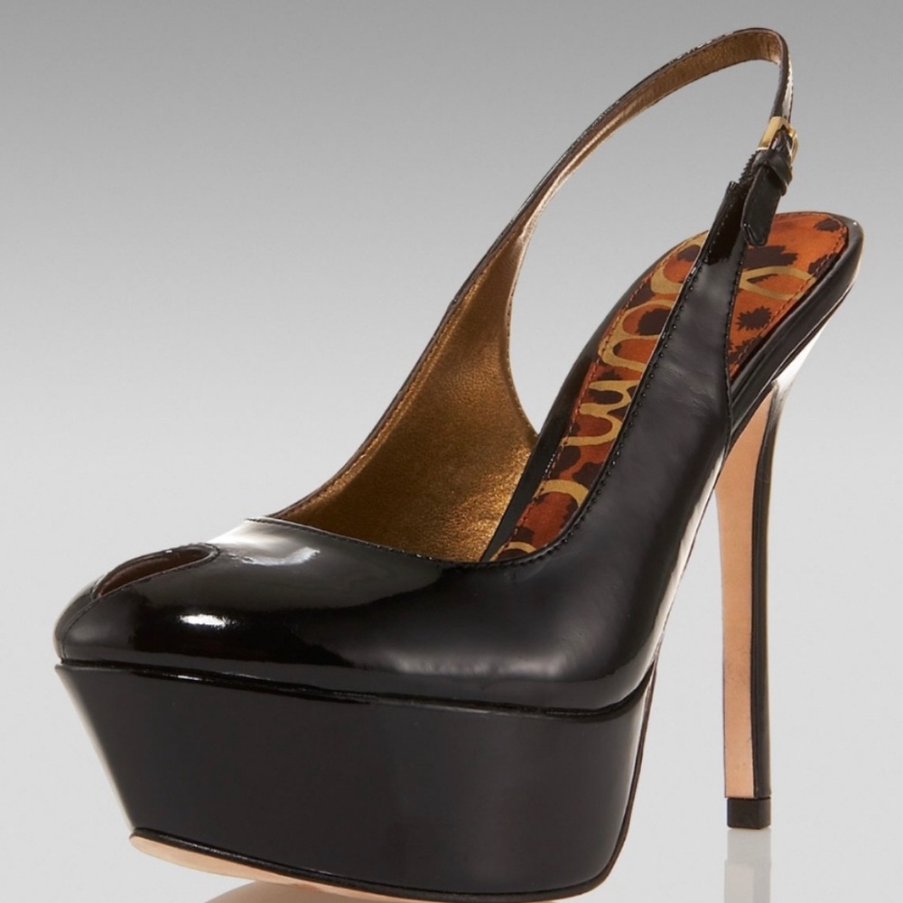 S A M. E D E L M A N. USED Black patent leather peep toe Novato heels.